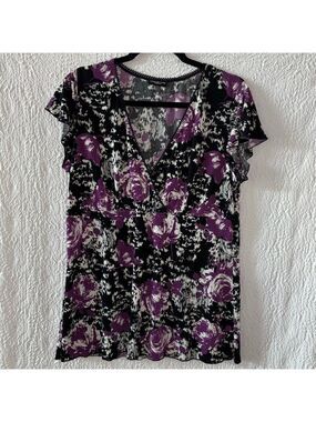 Perception Women Floral Print Surplice V-Neck Short Sleeve Blouse